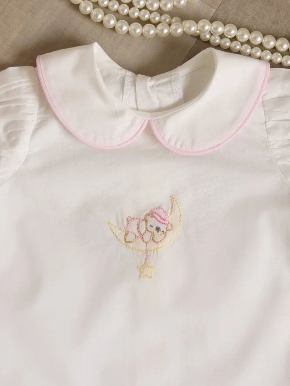 White Cotton Daygown Pink Piping Shadow Embroidery Moon Bear Preemie Coming Home